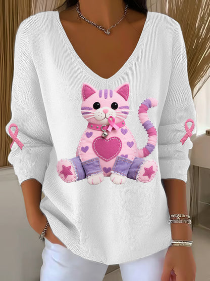Haut à manches longues Femme Chat Rose Ruban de Soutien de Sensibilisation au Cancer du Sein