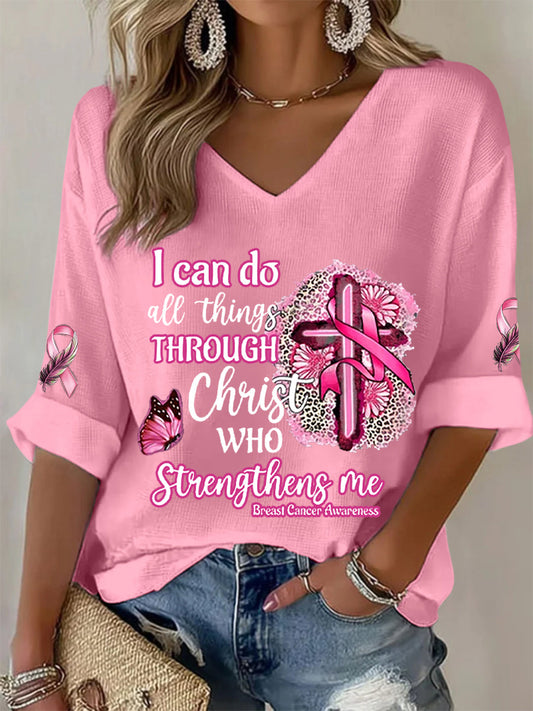 Sensibilisation au cancer du sein des femmes Je peux faire toutes les choses à travers le Christ T-shirt gaufré ruban rose