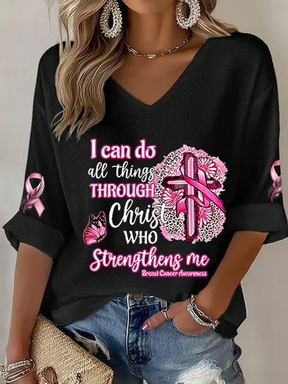 Sensibilisation au cancer du sein des femmes Je peux faire toutes les choses à travers le Christ T-shirt gaufré ruban rose