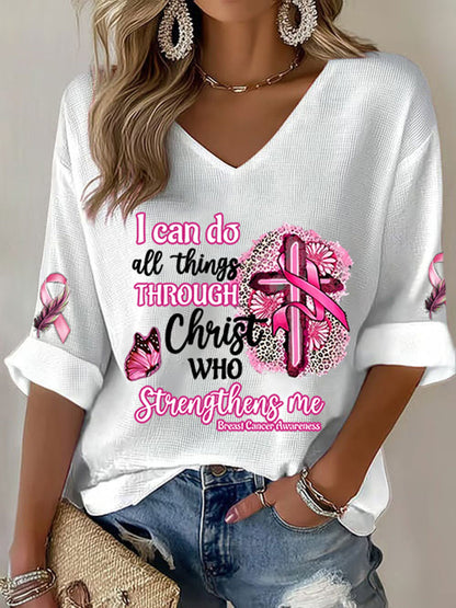 Sensibilisation au cancer du sein des femmes Je peux faire toutes les choses à travers le Christ T-shirt gaufré ruban rose