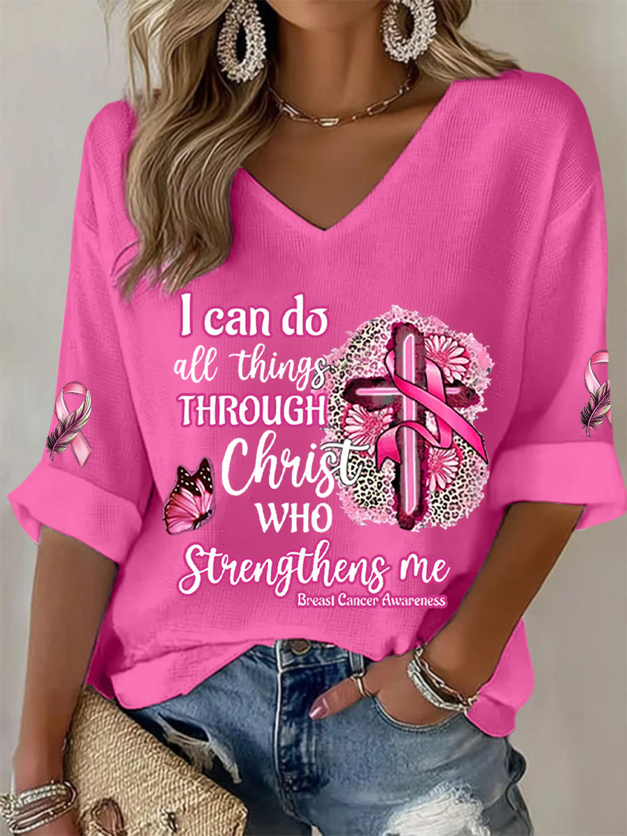 Sensibilisation au cancer du sein des femmes Je peux faire toutes les choses à travers le Christ T-shirt gaufré ruban rose