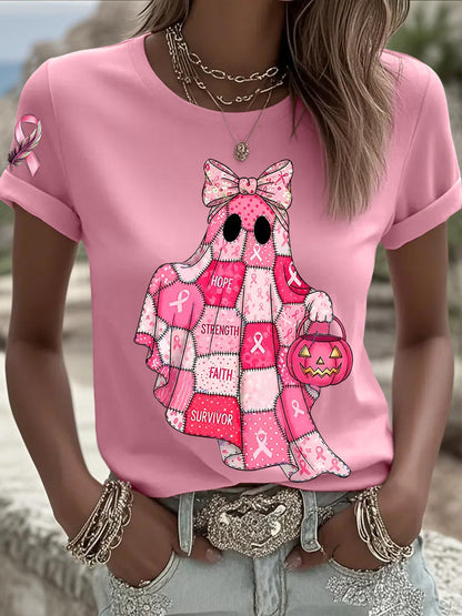 Sensibilisation au cancer du sein des femmes en octobre Nous portons un t-shirt à manches courtes rose à ruban rose