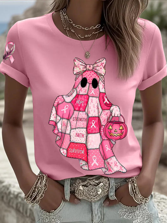 Sensibilisation au cancer du sein des femmes en octobre Nous portons un t-shirt à manches courtes rose à ruban rose