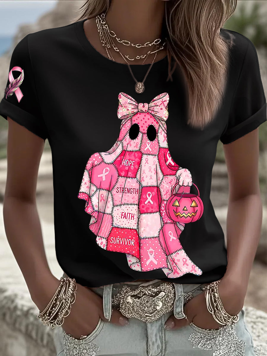 Sensibilisation au cancer du sein des femmes en octobre Nous portons un t-shirt à manches courtes rose à ruban rose