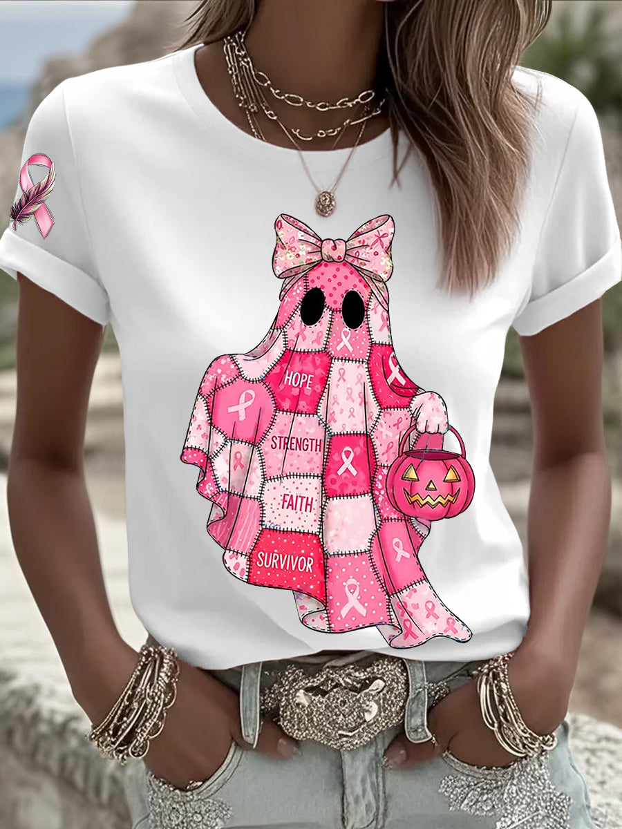 Sensibilisation au cancer du sein des femmes en octobre Nous portons un t-shirt à manches courtes rose à ruban rose