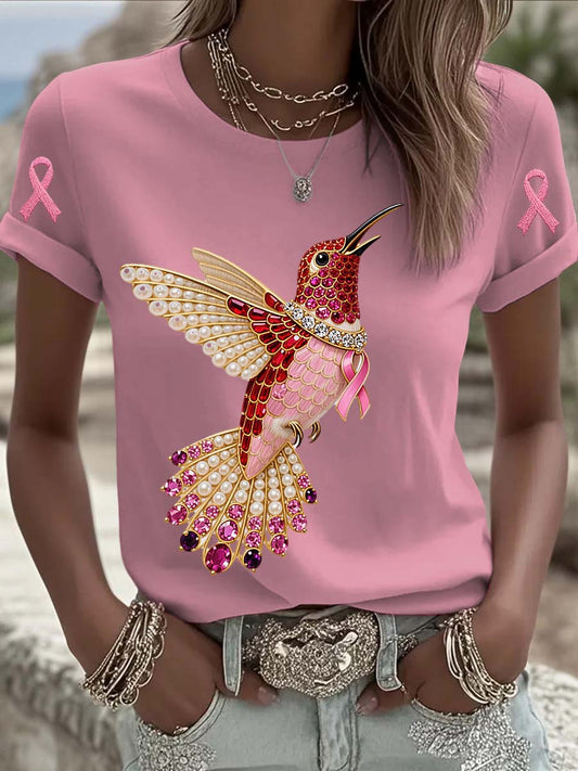 T-shirt à manches courtes en coton décontracté et confortable imprimé de perles de colibri de cancer du sein vintage