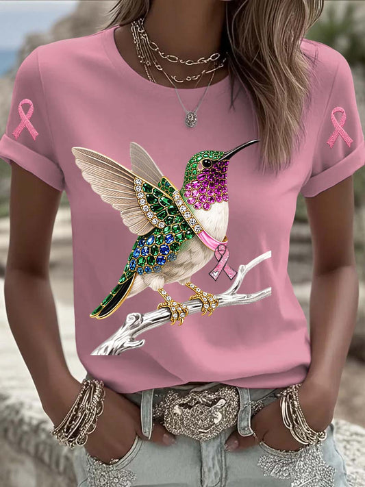 T-shirt à manches courtes en coton décontracté et confortable imprimé de perles de colibri de cancer du sein vintage
