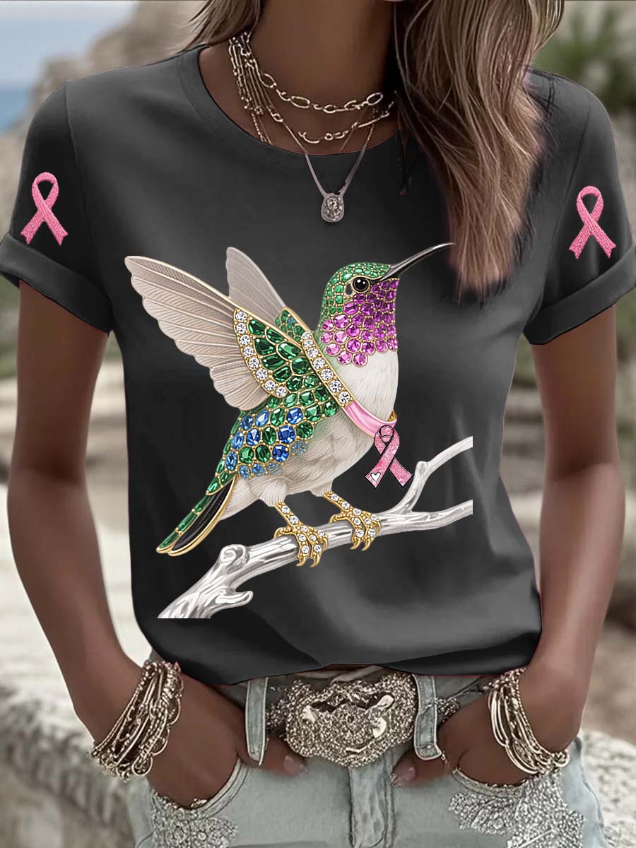 T-shirt à manches courtes en coton décontracté et confortable imprimé de perles de colibri de cancer du sein vintage