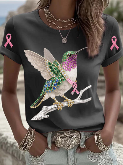 T-shirt à manches courtes en coton décontracté et confortable imprimé de perles de colibri de cancer du sein vintage