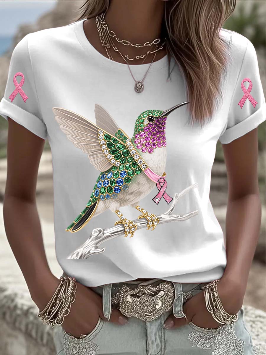 T-shirt à manches courtes en coton décontracté et confortable imprimé de perles de colibri de cancer du sein vintage