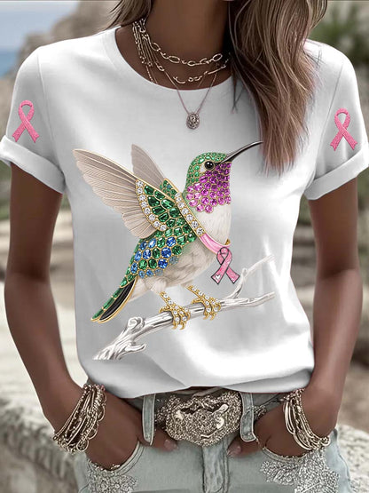 T-shirt à manches courtes en coton décontracté et confortable imprimé de perles de colibri de cancer du sein vintage