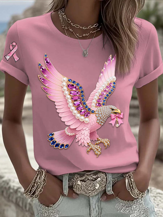 T-shirt à manches courtes en coton décontracté confortable imprimé perles aigle de cancer du sein vintage