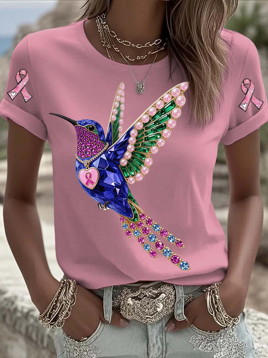 T-shirt à manches courtes en coton décontracté et confortable imprimé de perles de colibri de cancer du sein vintage