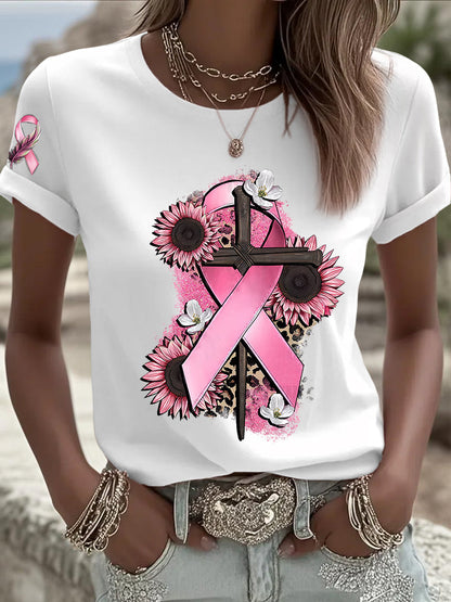T-shirt femme ruban rose à manches courtes sensibilisation au cancer du sein