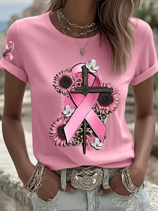 T-shirt femme ruban rose à manches courtes sensibilisation au cancer du sein