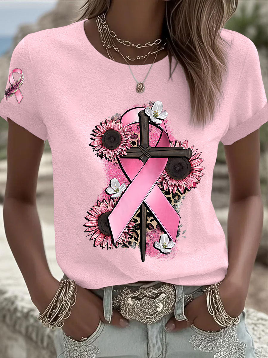 T-shirt femme ruban rose à manches courtes sensibilisation au cancer du sein