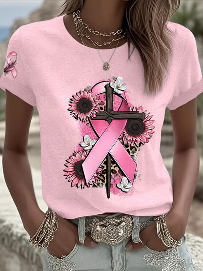 T-shirt femme ruban rose à manches courtes sensibilisation au cancer du sein