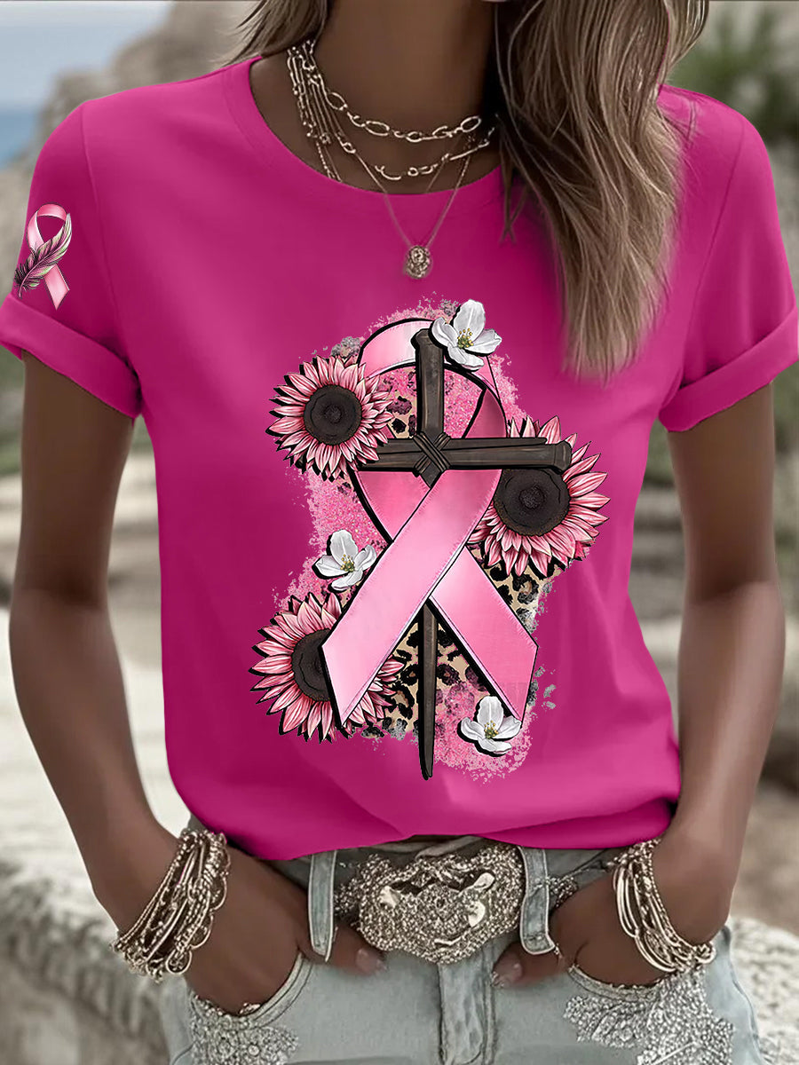 T-shirt femme ruban rose à manches courtes sensibilisation au cancer du sein