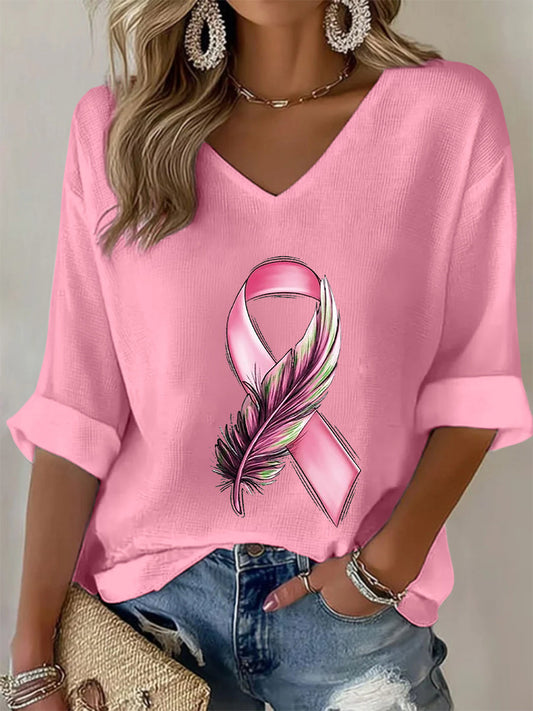 T-shirt à gaufres ruban rose pour femmes, sensibilisation au cancer du sein