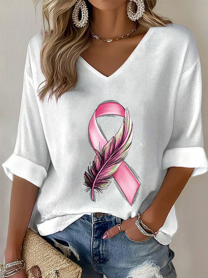 T-shirt à gaufres ruban rose pour femmes, sensibilisation au cancer du sein