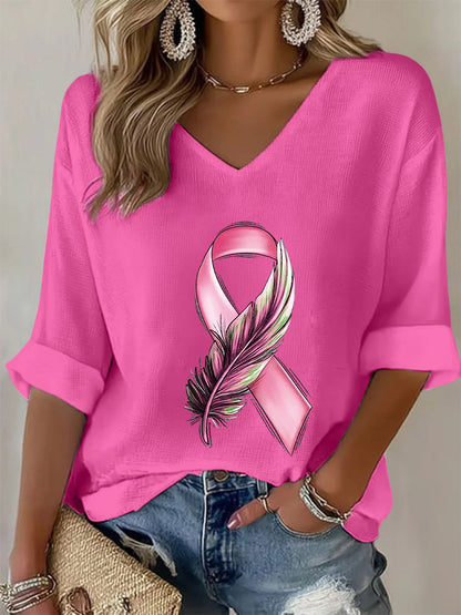 T-shirt à gaufres ruban rose pour femmes, sensibilisation au cancer du sein