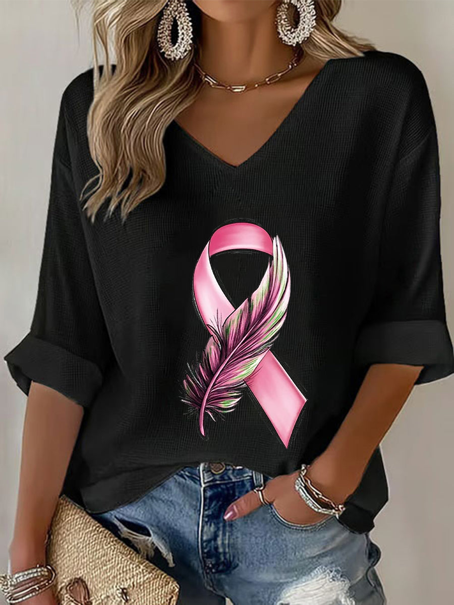 T-shirt à gaufres ruban rose pour femmes, sensibilisation au cancer du sein