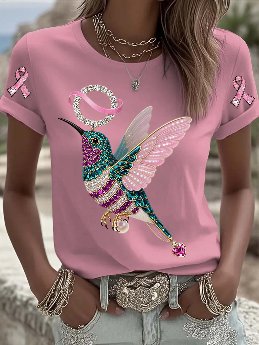 T-shirt à manches courtes en coton décontracté et confortable imprimé de perles de colibri de cancer du sein vintage