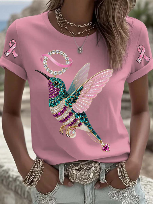 T-shirt à manches courtes en coton décontracté et confortable imprimé de perles de colibri de cancer du sein vintage
