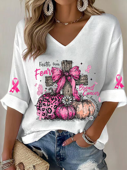T-shirt à gaufres ruban rose pour femmes, sensibilisation au cancer du sein