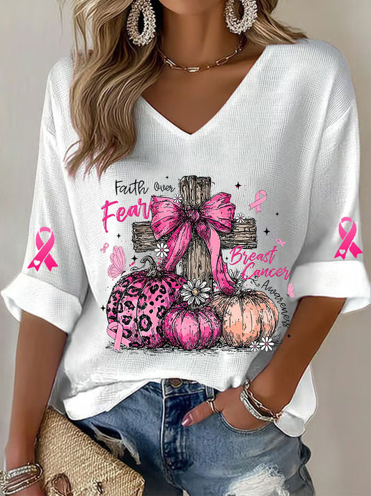 T-shirt à gaufres ruban rose pour femmes, sensibilisation au cancer du sein