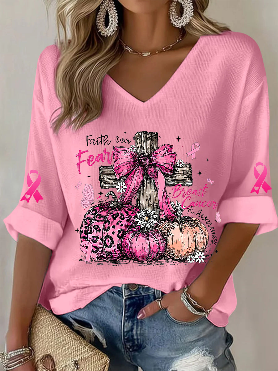 T-shirt à gaufres ruban rose pour femmes, sensibilisation au cancer du sein