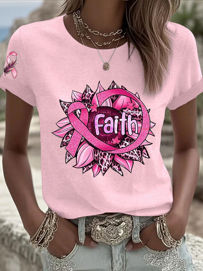 T-shirt femme ruban rose à manches courtes sensibilisation au cancer du sein