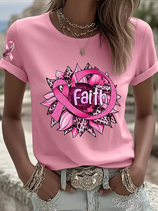 T-shirt femme ruban rose à manches courtes sensibilisation au cancer du sein