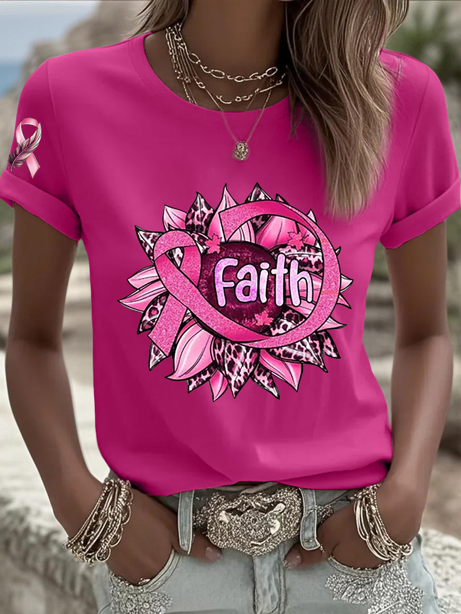 T-shirt femme ruban rose à manches courtes sensibilisation au cancer du sein