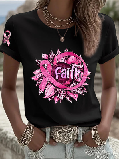 T-shirt femme ruban rose à manches courtes sensibilisation au cancer du sein