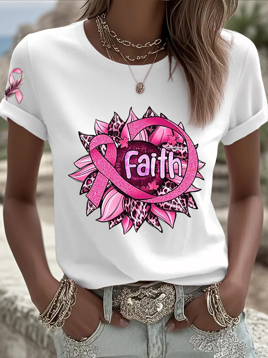 T-shirt femme ruban rose à manches courtes sensibilisation au cancer du sein