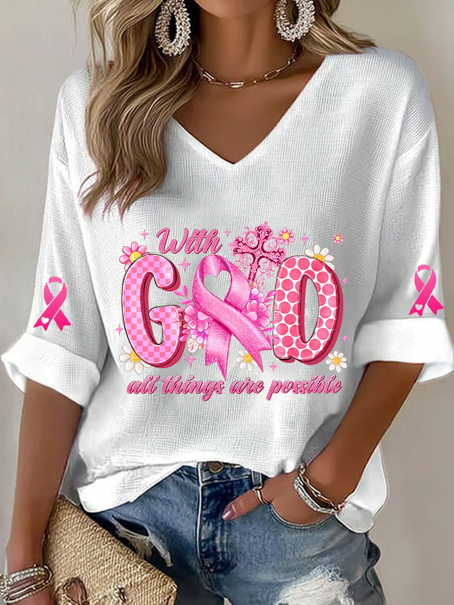 T-shirt à gaufres ruban rose pour femmes, sensibilisation au cancer du sein
