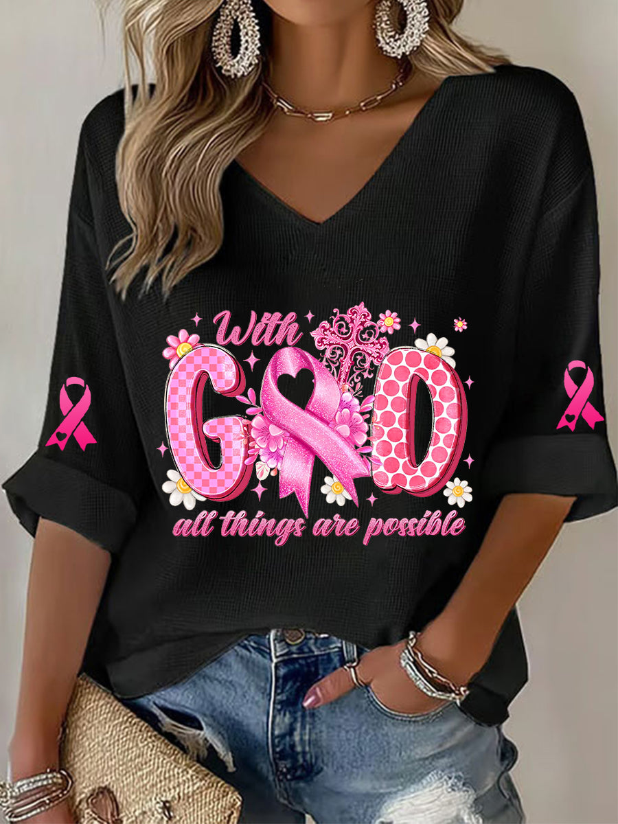 T-shirt à gaufres ruban rose pour femmes, sensibilisation au cancer du sein
