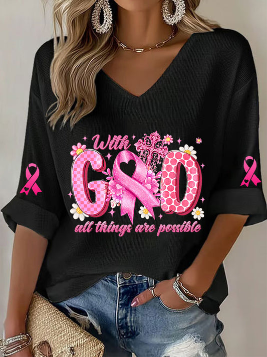 T-shirt à gaufres ruban rose pour femmes, sensibilisation au cancer du sein