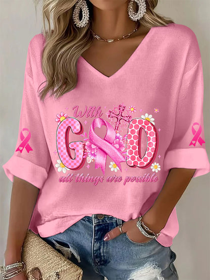 T-shirt à gaufres ruban rose pour femmes, sensibilisation au cancer du sein