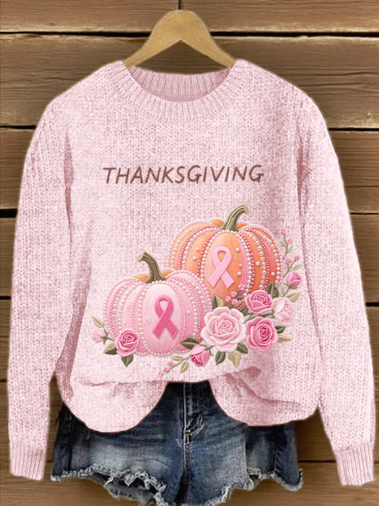 Pull Femme Rose En Maille Brodée Citrouille À Fleurs