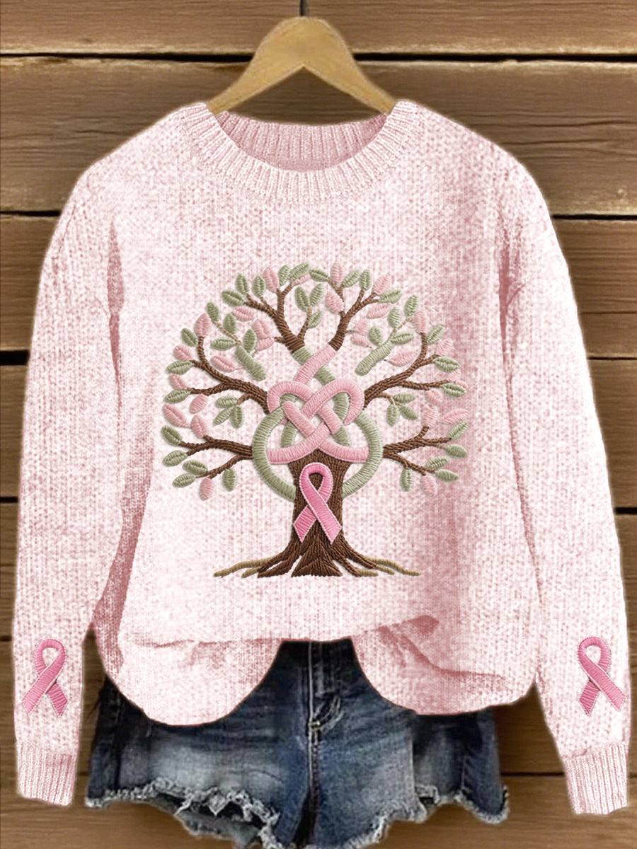 Pull Femme Rose Ruban Brodé Arbre de Vie En Tricot