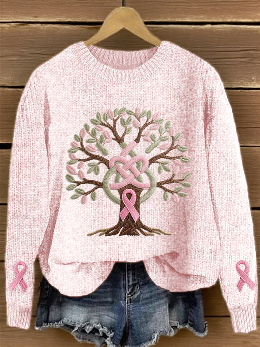Pull Femme Rose Ruban Brodé Arbre de Vie En Tricot