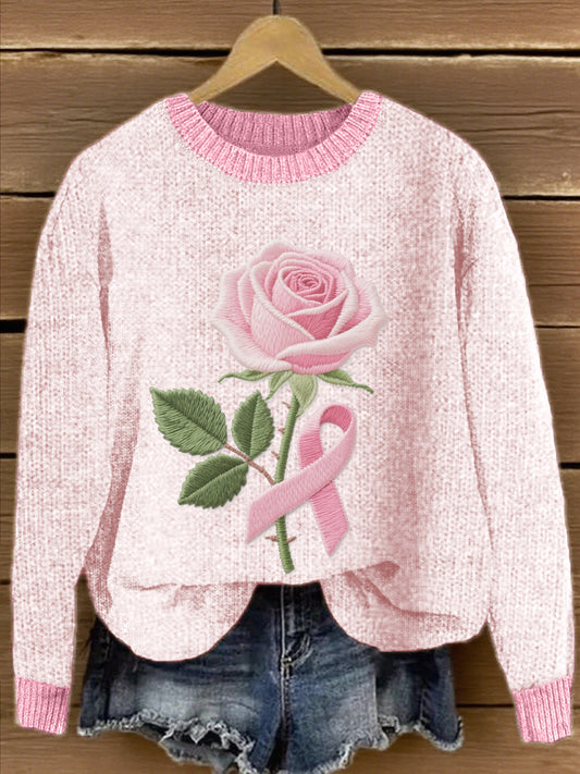 Pull Femme Rose Ruban Et Floral Brodé