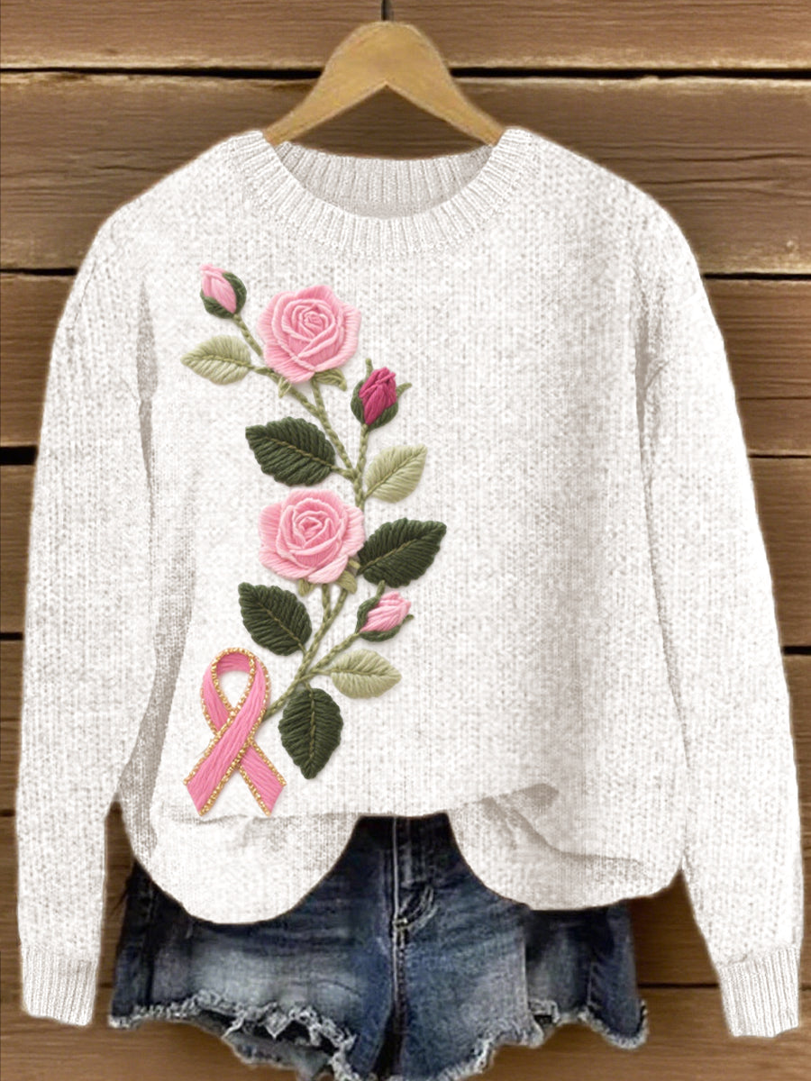 Pull Femme Rose Brodé À Fleurs Et Ruban