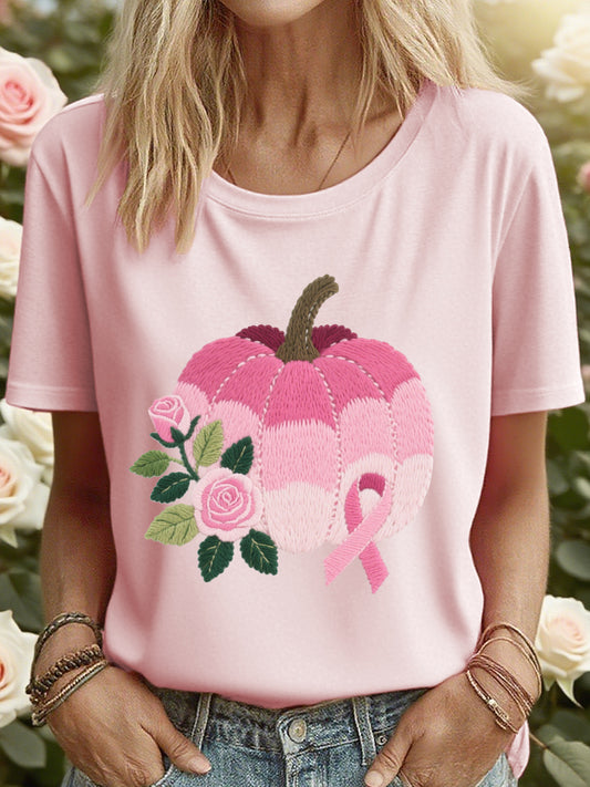 T-shirt Femme Rose Citrouille Ruban Brodé