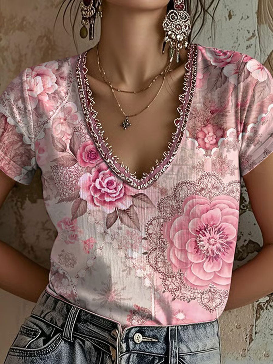 T-shirt décontracté à imprimé floral rose pour femme