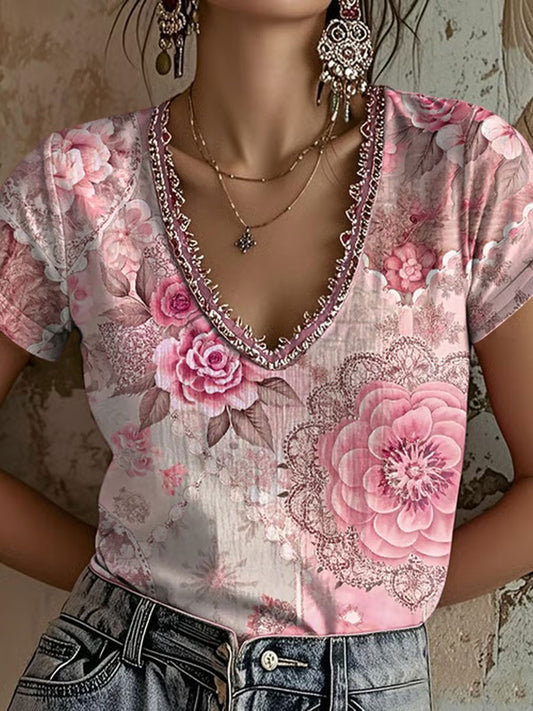 T-shirt décontracté à imprimé floral rose pour femme