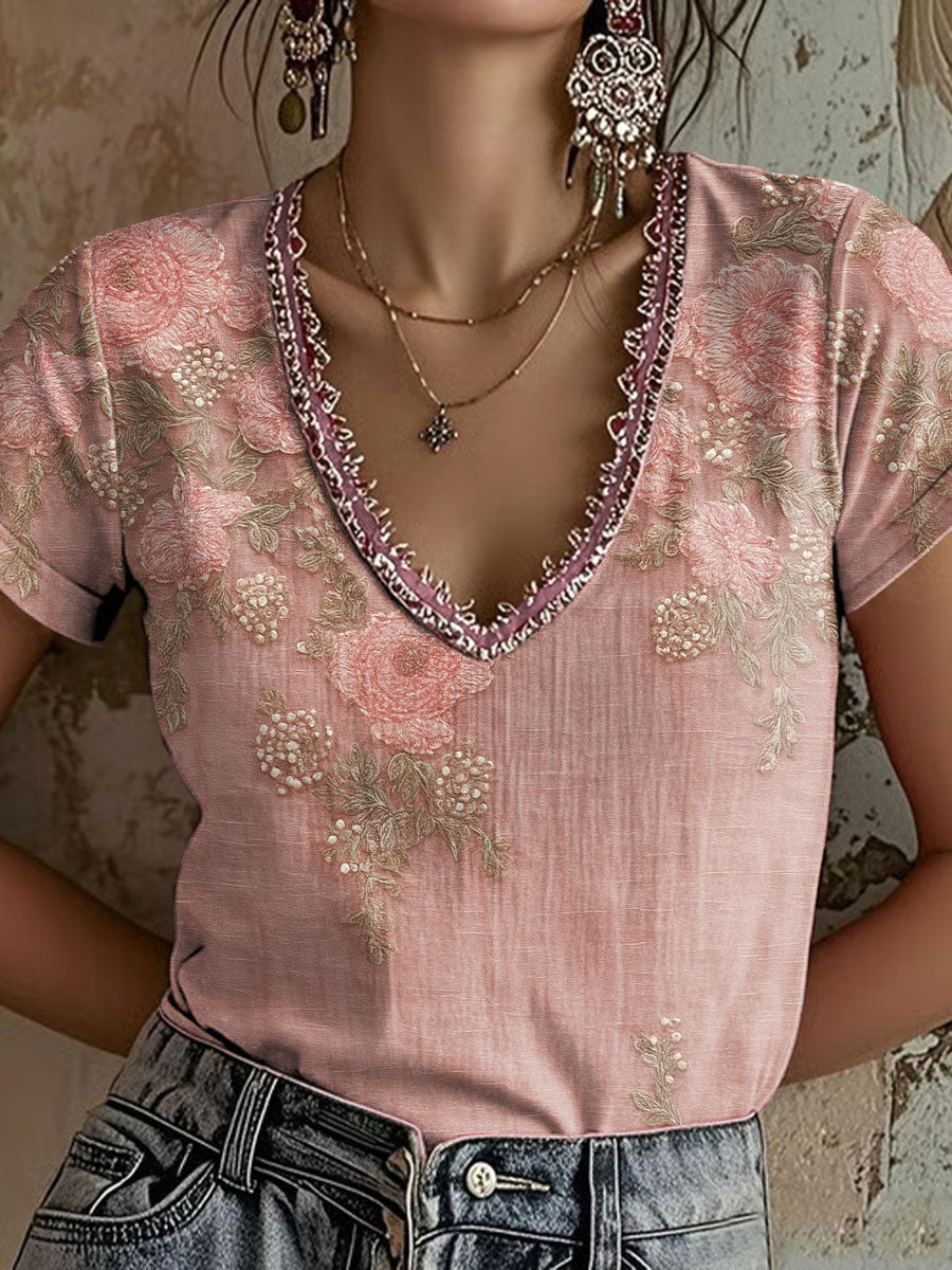 T-shirt décontracté à imprimé floral rose pour femme