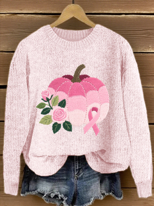 Pull Femme Rose En Maille Brodée Citrouille À Fleurs